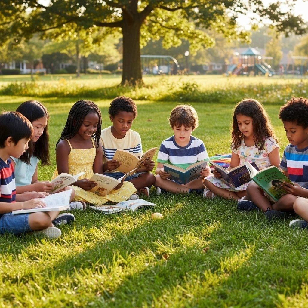 Children reading together outdoors — The Dream Builder Curriculum